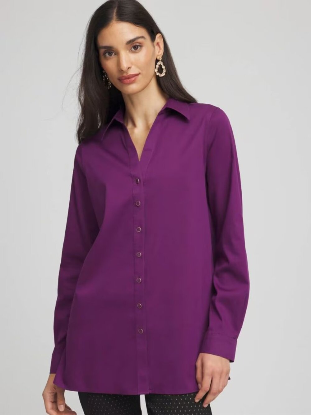 Chico's NO IRON Rhinestone Button Tunic NWT Purple Royale Sz 2.5 (L/14-16)